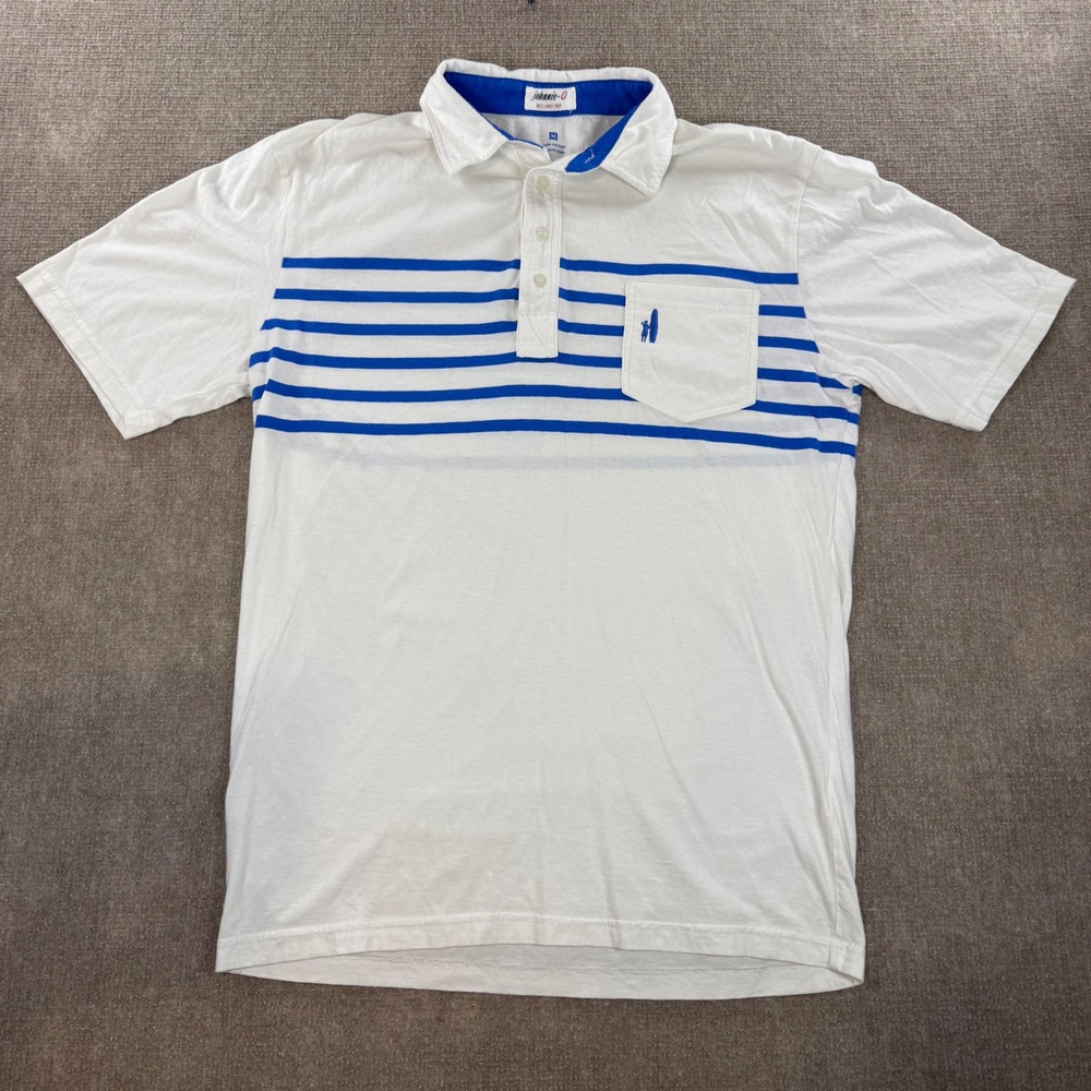 Johnnie-O Mens White Blue Striped Pocket Polo Shirt JMPO1110 Sapphire Medium